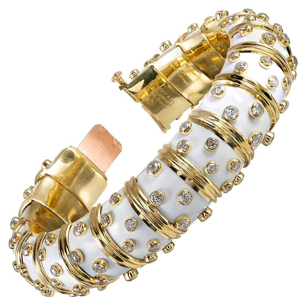 White Enamel & Diamond Bangle Bracelet, signed Schlumberger for Tiffany & Co - FourtanÃ©